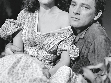 Rosemary Harris, who starred as Catherine Earnshaw, sitting in Richard Burton’s lap in the 1958 adaptation of Wuthering Heights