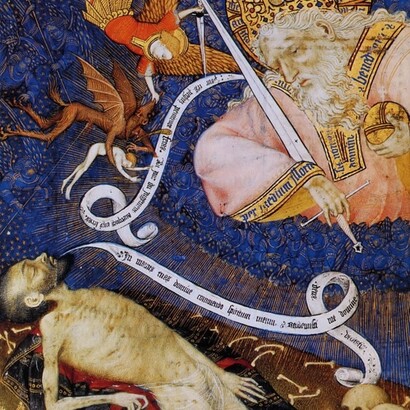 Maestro di Rohan, "La morte davanti al giudice", illustrazione dalle Ore della Croce, 1435