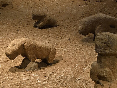 At Göbekli Tepe, Turkey, numerous animal figures—ranging from smaller, intricate carvings to larger, more imposing ones—have been discovered and are now on display. The smaller ones are placed in showcases, while the larger sculptures are arranged to mimic their natural roaming environment