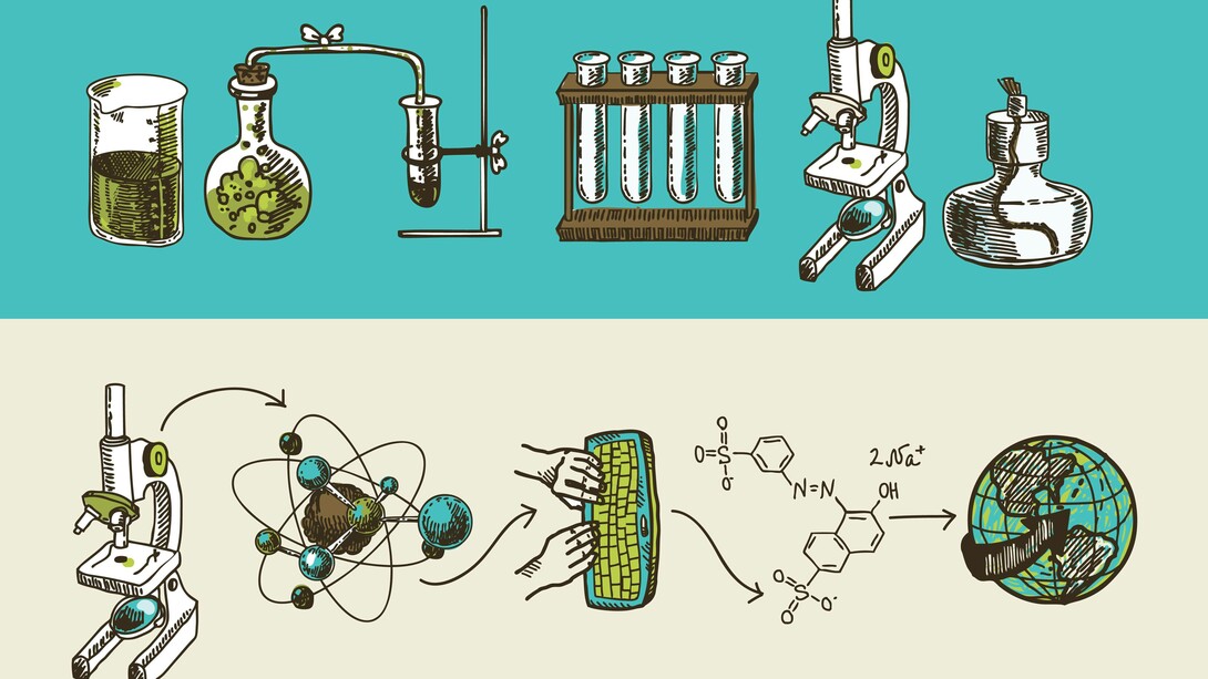 Illustrazione disegnata a mano che mostra attrezzature di laboratorio (come provette e microscopio) nella parte superiore, e un flusso di lavoro scientifico che include atomi, microscopi, una formula chimica e un globo nella parte inferiore