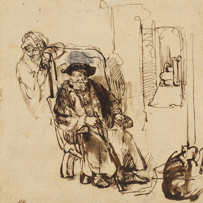 Rembrandt Harmensz van Rijn (1606-1669) attrib., A Seated Old Man And A Woman (Jacob E Rachel). Holland, ca. 1640-45. Pen and brown ink with brown wash, touched with white. 18 x 16.3 cm. On loan from the British Museum, London. Inv. 1861,0608.149