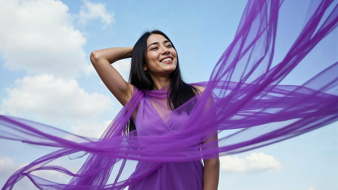 A woman at ease as fabric moves with the wind, symbolizing the freedom of becoming emotionally whole