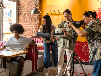 A scene being staged with male actors, illustrating how male roles are often engineered to serve ideological outcomes