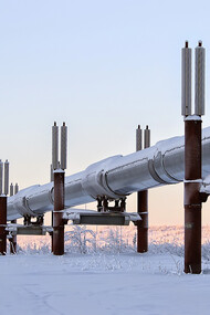 A snow-covered oil pipeline stretches across the Alaskan winter landscape