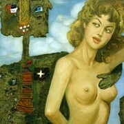 Enrico Baj, Vieni qua biondina, 1959, olio e collage su tela ready-made, 90 x 105 cm