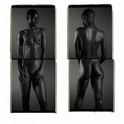 Chuck Close, Bintou I, 2013, black and white Polaroid diptych mounted on aluminum, 56" x 22" (142.2 cm x 55.9 cm), two panels, each. © Chuck Close, courtesy Pace Gallery. Photo courtesy Pace Gallery