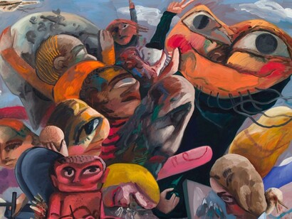 Diana Schutz, nacida en Livonia, Michigan, en 1976 “Mountain Group,” Representa un pico monumental repleto de gente, 2018