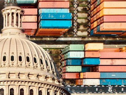 This image captures how U.S. trade policies, represented by the White House, are reshaping global supply routes and triggering economic uncertainty