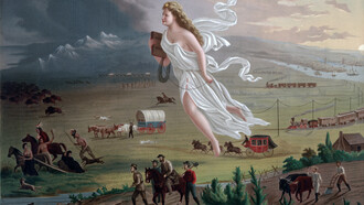 John Gast, American Progress (1872, detalle). Alegoría del Destino Manifiesto: la creencia del siglo XIX según la cual Estados Unidos estaba llamado a expandir su territorio, su poder y su modelo político por todo el continente americano