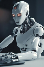 The innovative world of robotic, depicts pointing its robotic finger towards a laptop button, symbolizing the power of generative AI in scriptwriting and storytelling