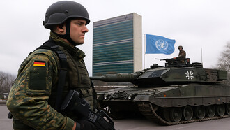 A German soldier stands guard before the United Nations headquarters, symbolizing the tension between Germany’s military resurgence and its obligation to uphold the UN Charter’s peace mandate