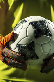 A goalkeeper confidently catches a soccer ball during a match, showcasing agility and skill in a crucial moment of the game