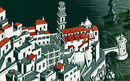 Maurits Cornelis Escher (1898-1972). Metamorfosis III, (detalle Atrani) xilografía, 1939-1940 / 1967-1968 en  Het Paleis que es un museo que exhibe las obras del artista gráfico neerlandés Escher. El Palacio Lange Voorhout exibe a Escher desde noviembre de 2002, La Haya, Holanda