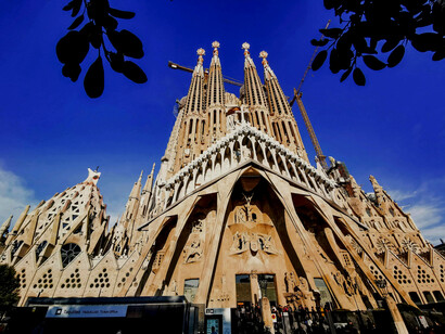 A daylight view of the Sagrada Família’s exterior in Barcelona, Catalonia, Spain