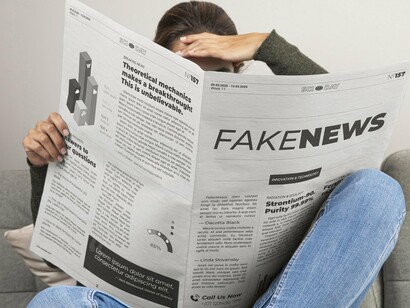 A woman holds a paper labelled “fake news,” representing the emotional pull of sensational claims over scientific reasoning