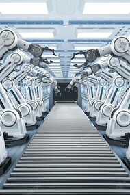 An assembly line of robotic units manufacturing products