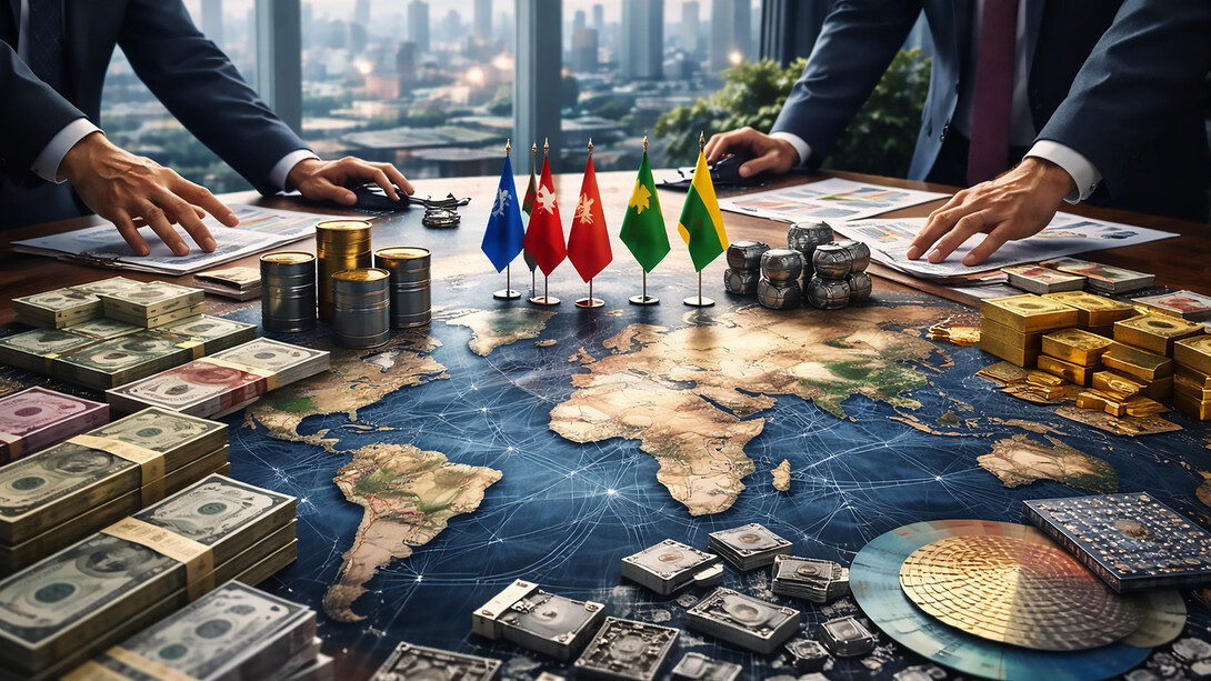 A conference table layered with maps, currency, and technology components reflects the shifting landscape of global power and trad