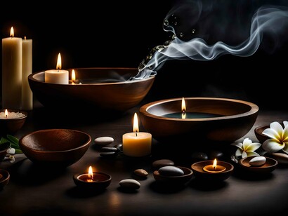 A table full of massage essentials, echoing yoga’s role in soothing the nervous system during winter