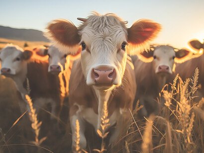 Cattle grazing on green meadow peaceful sunset in nature 