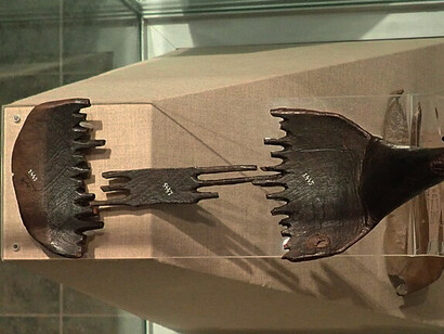 The exhibition showcases a wide range of artifacts, including hunting weapons (arrowheads, spearheads, and bone daggers with flint blades), fishing tools (harpoons, fishhooks, ice picks, floats, sinkers, wooden spears, and oars), as well as household items, woodworking tools (stone and iron axes, adzes, copper celts), early metalwork, and more, Russia