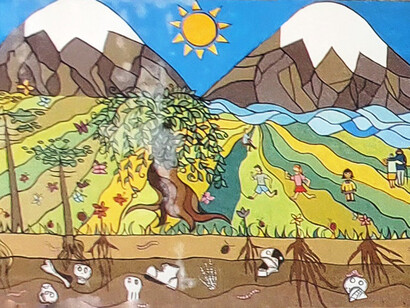 El cielo degradado que atraviesa todo el mural simboliza el tránsito desde un pasado oscuro hacia un futuro luminoso