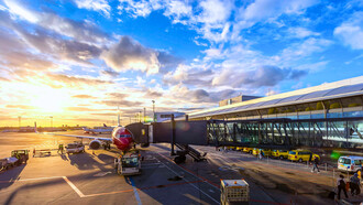An airport bustling with aircraft and activity, reflecting the momentum of Morocco’s aeronautics success story