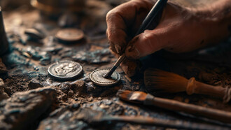 An archaeologist gently cleaning a coin, conveying the enduring legacy of the Benin Kingdom’s craftsmanship