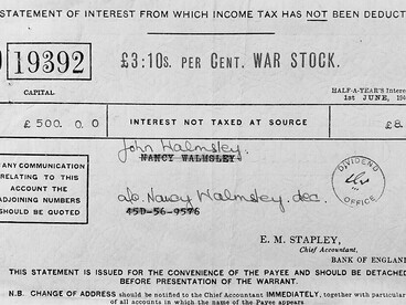 Banca d'Inghilterra, titoli di guerra d'epoca. Dichiarazione di interessi, 1 giugno 1946
