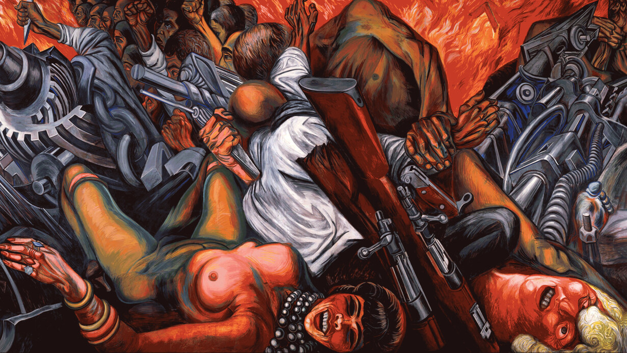 Katharsis (1934–1935, detalle), de José Clemente Orozco, expresa mediante el caos y la violencia extrema la ruptura del orden moral y jurídico, signo de un mundo gobernado por la fuerza y la impunidad