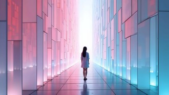 A woman standing at the centre of an illuminated passage, illustrating the quiet fear of moving forward without certainty