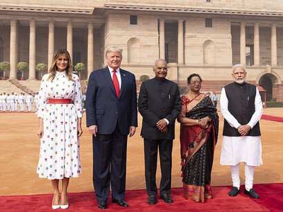 President Donald J. Trump and First Lady Melania Trump pose for a photo with Indian President Ram Nath Kovind, his wife Mrs. Savita Kovind, and Indian Prime Minister Narendra Modi during a welcome ceremony at Rashtrapati Bhavan, the Presidential Palace, on Tuesday, February 25, 2020, in New Delhi, India