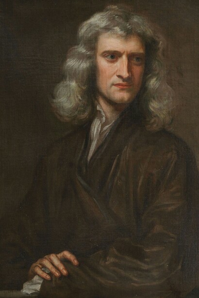 Godfrey Kneller, "Ritratto di Isaac Newton", 1689, Isaac Newton Institute, Università di Cambridge, UK. Isaac Newton dedicò la sua vita alla scienza e alla matematica, rivoluzionando il mondo con le sue leggi della gravità e del moto. La sua curiosità lo spinse anche a indagare sull'ottica, sull'alchimia e sulla filosofia naturale, lasciando un'eredità fondamentale per la fisica moderna  