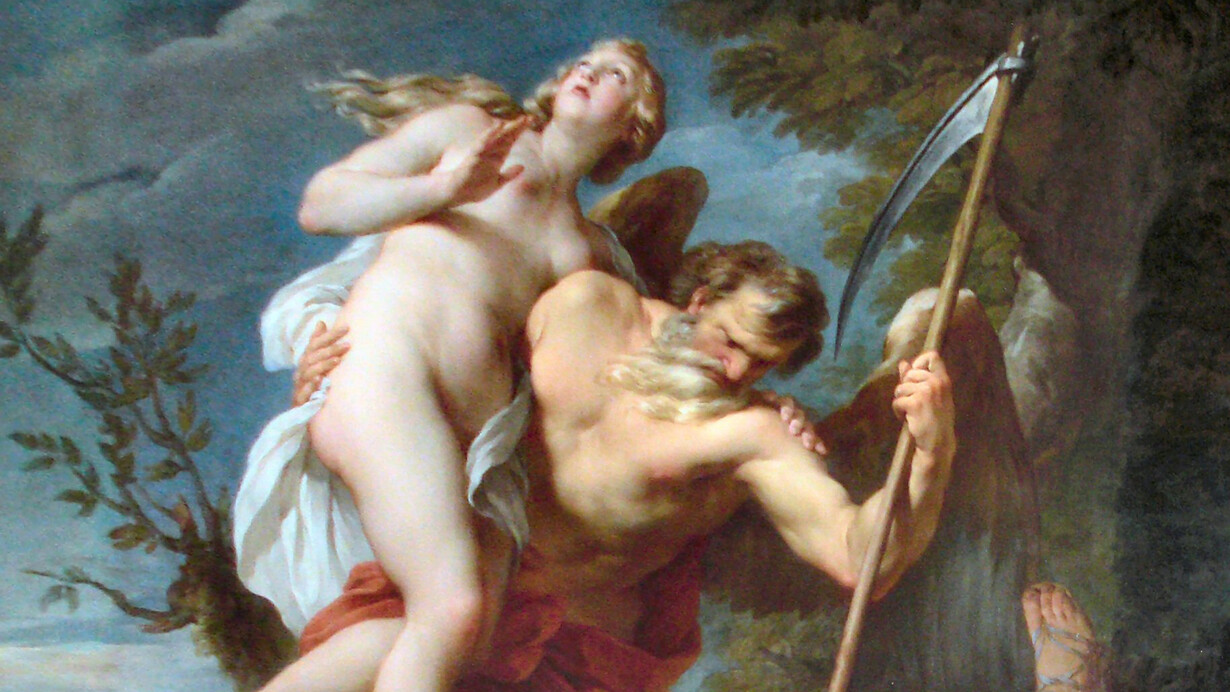 François Lemoyne (1688-1737) «El tiempo salva a la verdad de la falsedad y la envidia». «El Tiempo», representado con los rasgos de Saturno (un anciano alado armado con una guadaña), lleva a una mujer, «la Verdad», y derriba a otra, que yace en el suelo, «la Falsedad y la Envidia» (máscara sostenida con la mano izquierda).1737. Óleo sobre lienzo. Colección Wallace 