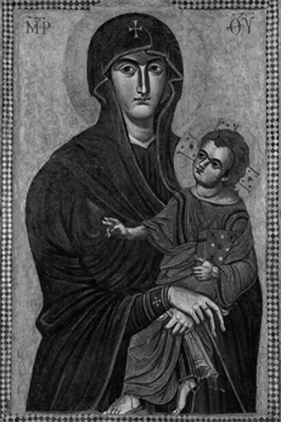 Anónimo, "Salus Populi Romani". Cerca del siglo VII. Óleo y encáustica sobre tabla.
Basílica de Santa María la Mayor, Roma, Italia