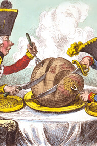 William Pitt, wearing a regimental uniform and hat, sitting at a table with Napoleon. They are each carving a large plum pudding on which is a map of the world by James Gillray 