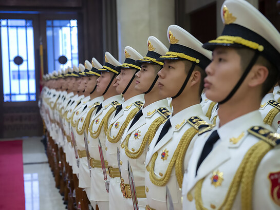 Chinese sailors stand in formation ahead of a visit by Chief of Naval Operations (CNO) Admiral John Richardson to the People's Liberation Army Navy (PLA(N)) headquarters in Beijing on January 14, 2019, China