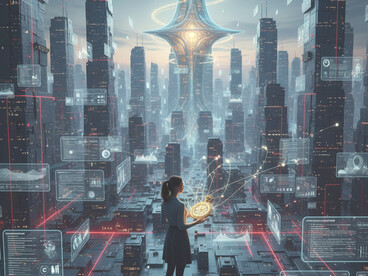 A person stands before a hyper-connected cityscape, observing a glowing, organic structure rising amidst a web of data, representing the pursuit of meaningful orientation within an artificially intelligent civilization