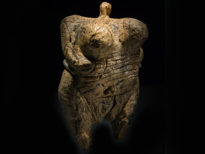 Venus from Hohle Fels, carved from mammoth ivory in the Late- or Upper Paleolithic Aurignacian period and discovered near Schelklingen, Germany. It has been dated to c. 40,000 to c. 35,000 years old
