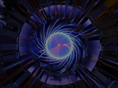 Stellarator-Reaktorkammer: Innenansicht eines Stellarator-Fusionsreaktors mit verdrehtem magnetischen Einschlusssystem