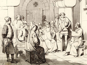 Marco Polo, en las cárceles de Génova, relata sus viajes y aventuras. Ilustración de Giuseppe Gatteri (1863)