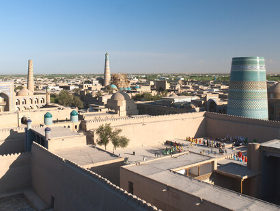 Itchan Kala (Uzbek: Ichan-Qal’a), the walled inner city of Khiva, Uzbekistan, has been a UNESCO World Heritage Site since 1990. It preserves over 50 monuments and 250 historic houses, mostly from the eighteenth and nineteenth centuries. The Juma Mosque, originally founded in the tenth century, was rebuilt in 1788–1789
