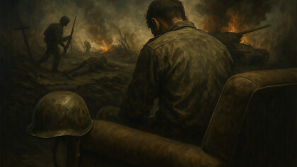 An empty military uniform draped over a worn sofa captures the silent weight of war’s aftermath — a haunting reflection of absence, memory, and the unseen wounds of conflict