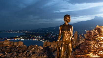 Gesti Scolpiti at the Teatro Antico di Taormina in Taormina, Italy transforms ancient stone into a dialogue between memory, gesture, and contemporary resistance