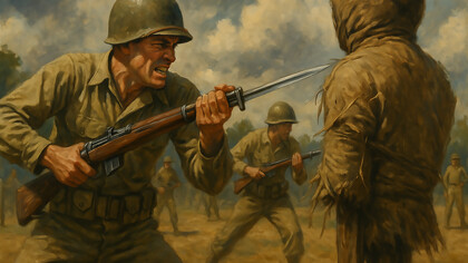 Infantrymen advance during close-quarters combat, one soldier lunging forward with a bayonet as others move in behind him under open daylight, capturing the raw intensity of battlefield fighting