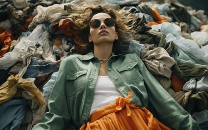 A woman surrounded by clothing piles underscores the urgent necessity for ecological alternatives in light of the environmental challenges posed by the textile industry
