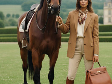 Equestrian-inspired fashion styling, with a woman standing beside a horse