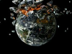 A world exploding with pieces flying up, exposing the fiery core, representing the trouble underneath the surface as the friction between countries increase
