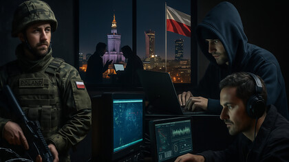 Polish soldiers and intelligence agents operate amid a backdrop of Warsaw’s skyline, symbolizing Poland’s ongoing struggle against espionage, cyberwarfare, and disinformation in its hybrid conflict with Russia