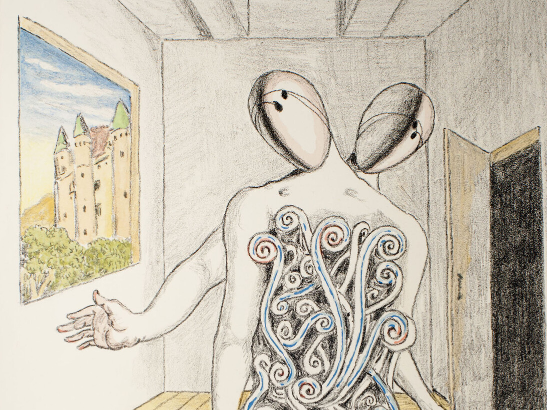 Giorgio de Chirico, Gli Archeologi. Litografia colorata a mano dall'artista. Courtesy of 29 Arts in Progress gallery