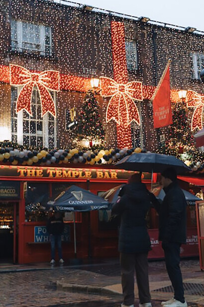Festive Christmas lights decorating Temple Bar in Dublin, Ireland
